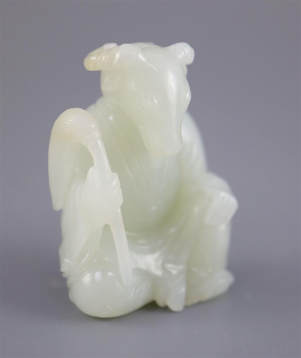 A Chinese pale celadon jade seated figure of a ram-headed immortal, 4.9cm high